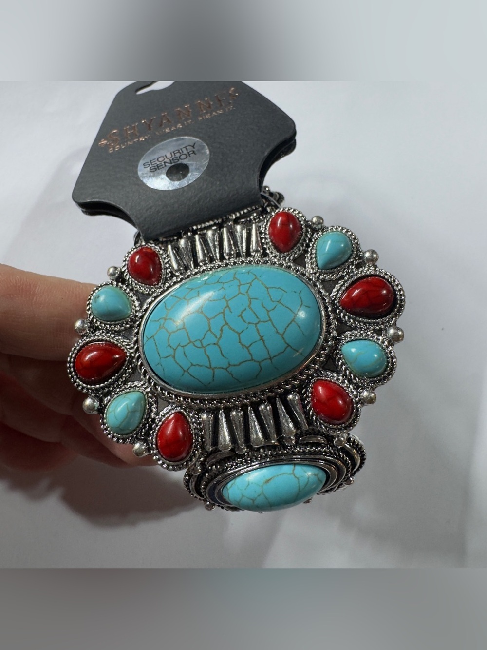 Turquoise & Red Stone Silver-Tone Statement Bracelet - Women Jewelry